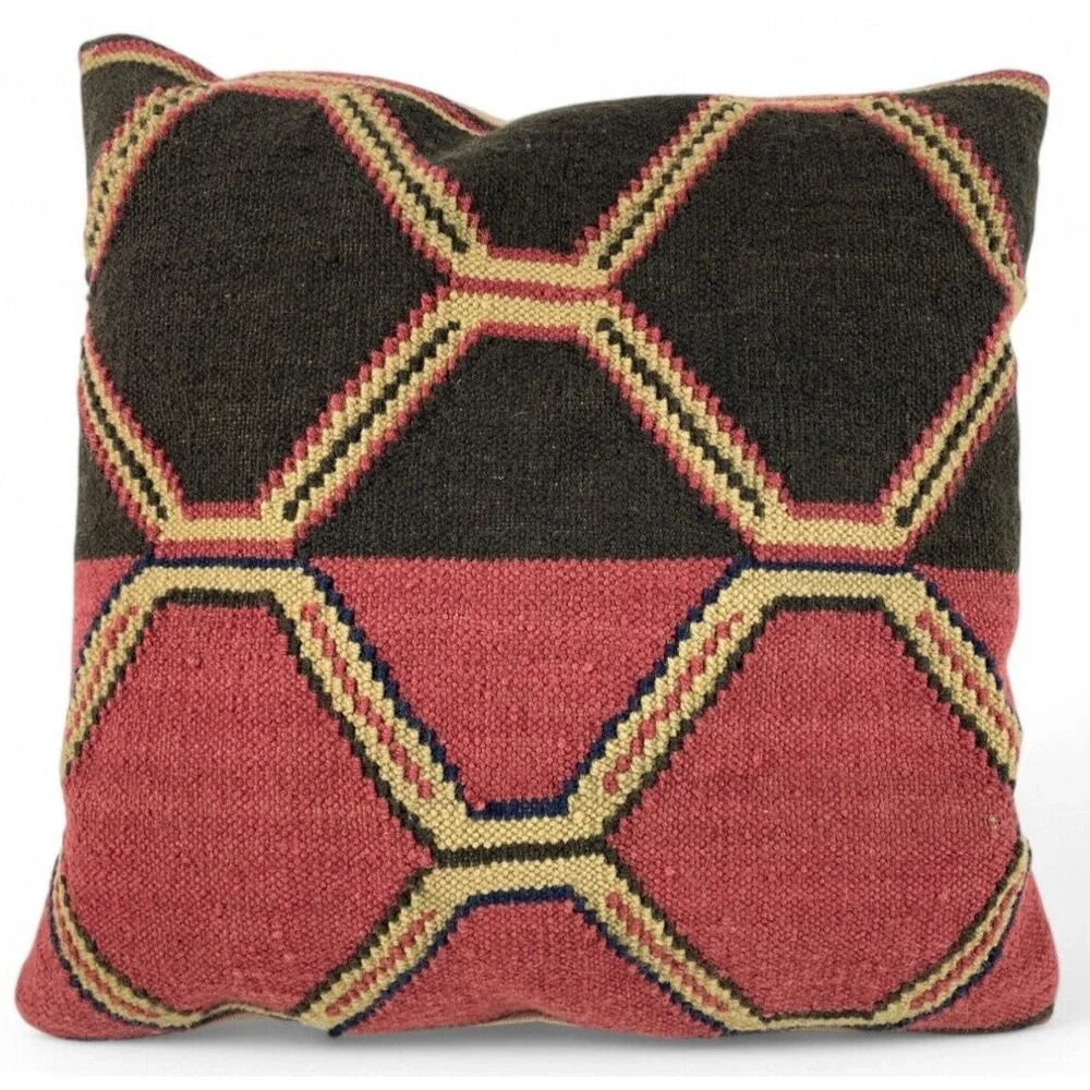 Pottery Barn Kindu Kilim Pillow Brown Red Wool Southwestern Tribal 18x18 New